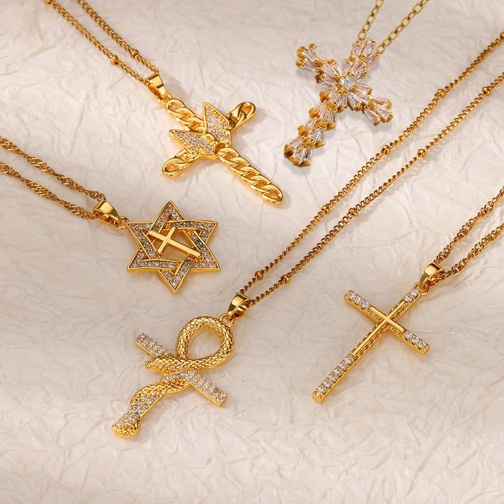 Shiny Zirconia Cross Hexagon Necklace for Women Gold Color Stainless Steel Chain Pendant Necklace Fashion Jewelry Gift collar