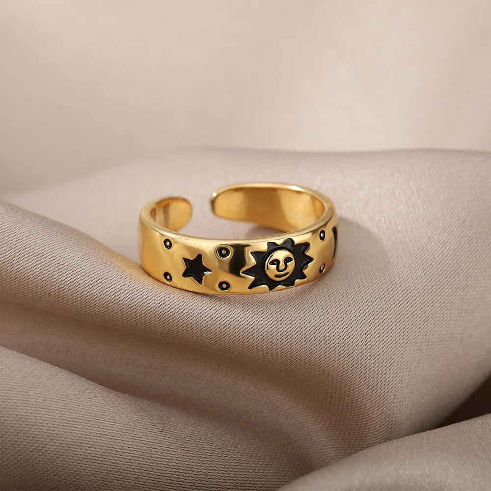 Gothic Smile Face Open Rings For Women Stainless Steel Color Sun Star Moon Adjustable Finger Ring Hip Hop Party Jewelry