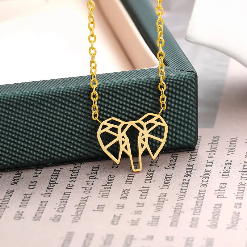 Origami Elephant Statement Necklaces for Women Gold Plated Chain Stainless Steel Necklace Men Bijoux Femme Ketting Feminino