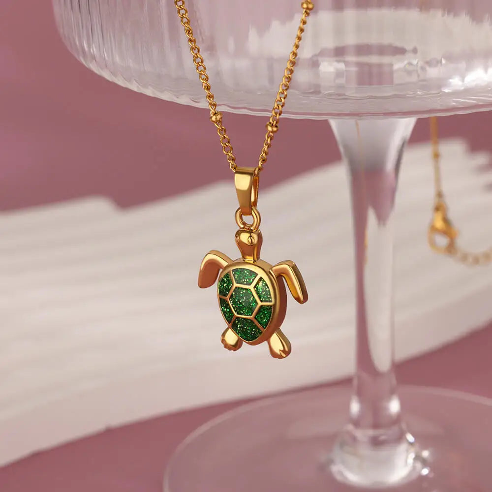 Oil Drop Green Turtle Stainless Steel Necklace s for Women Gold Color Aesthetic Pendant Choker Necklace Jewelry Accessories
