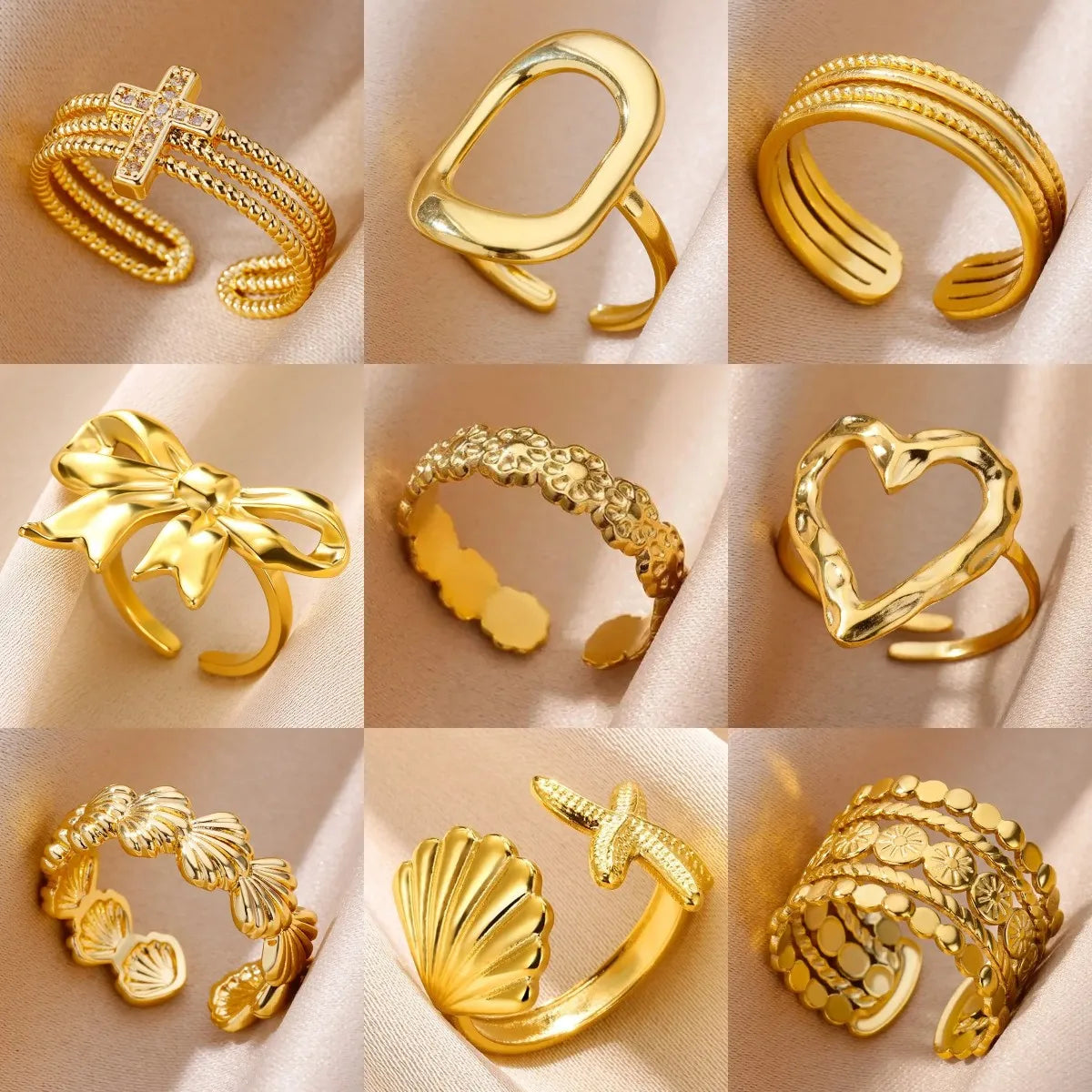 Stainless Steel Flowers Surround Open Rings For Women Gold Color Geometric Aesthetic Wedding Ring Trendy Jewelry Accessories BFF