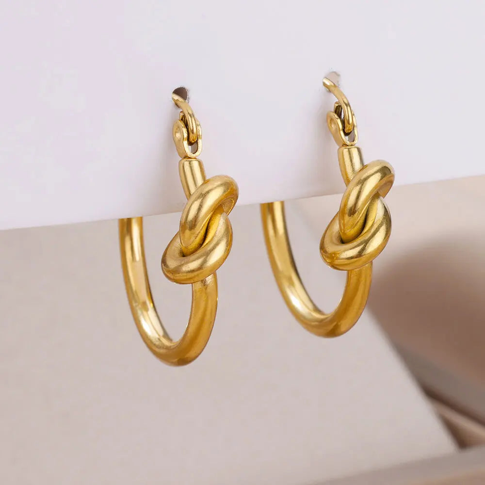 Gold Color Stainless Steel Glossy Knot Earrings For Women Vintage Simple Hoop Earring Femme Trendy Party Jewelry Accessories