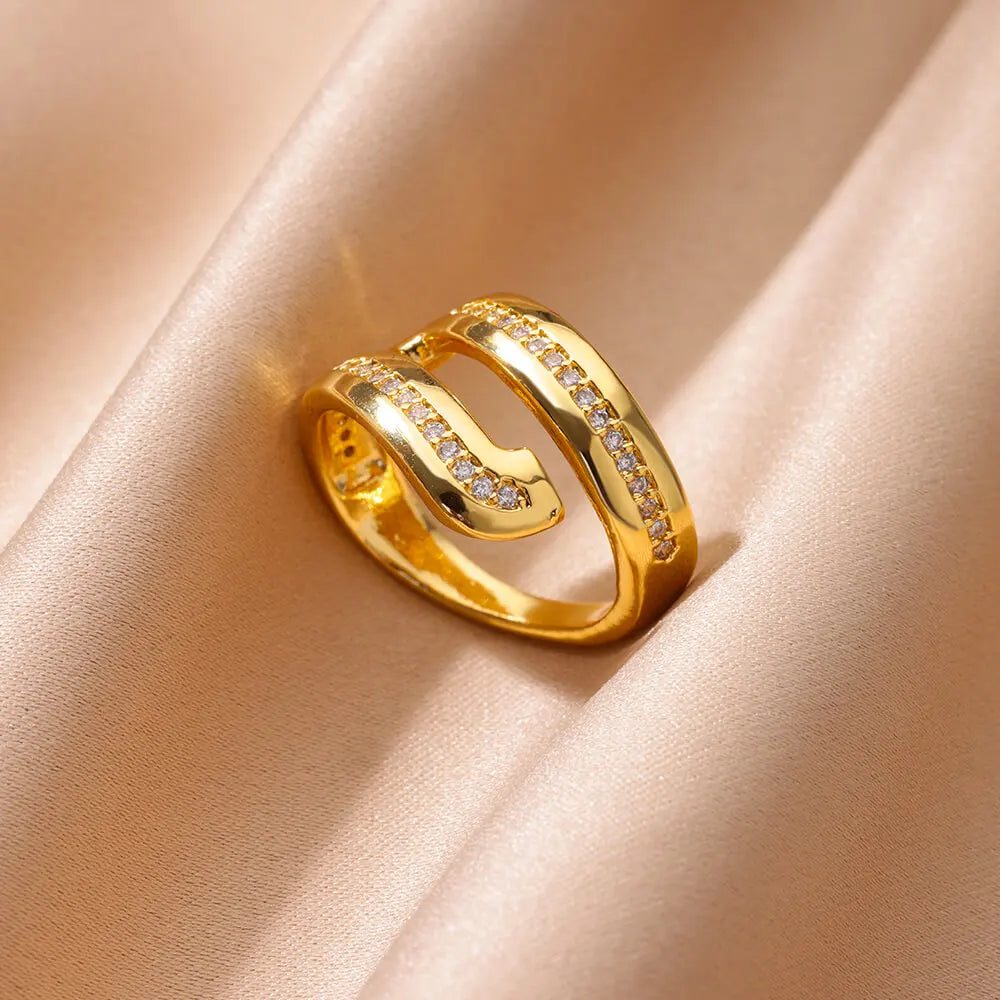 Stainless Steel White Zircon Open Rings For Women Gold Color Geometric Trendy Wedding Ring Aesthetic Designer Jewelry Gift BFF