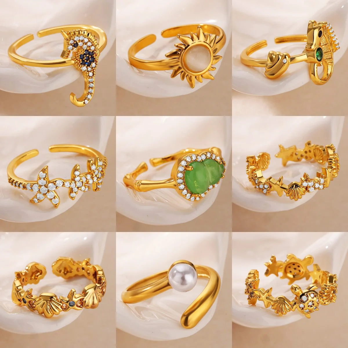 Vintage Green Resin Gourd Stainless Steel Open Rings for Women Gold Color Bamboo Design Wedding Aesthetic Ring Finger Jewelry