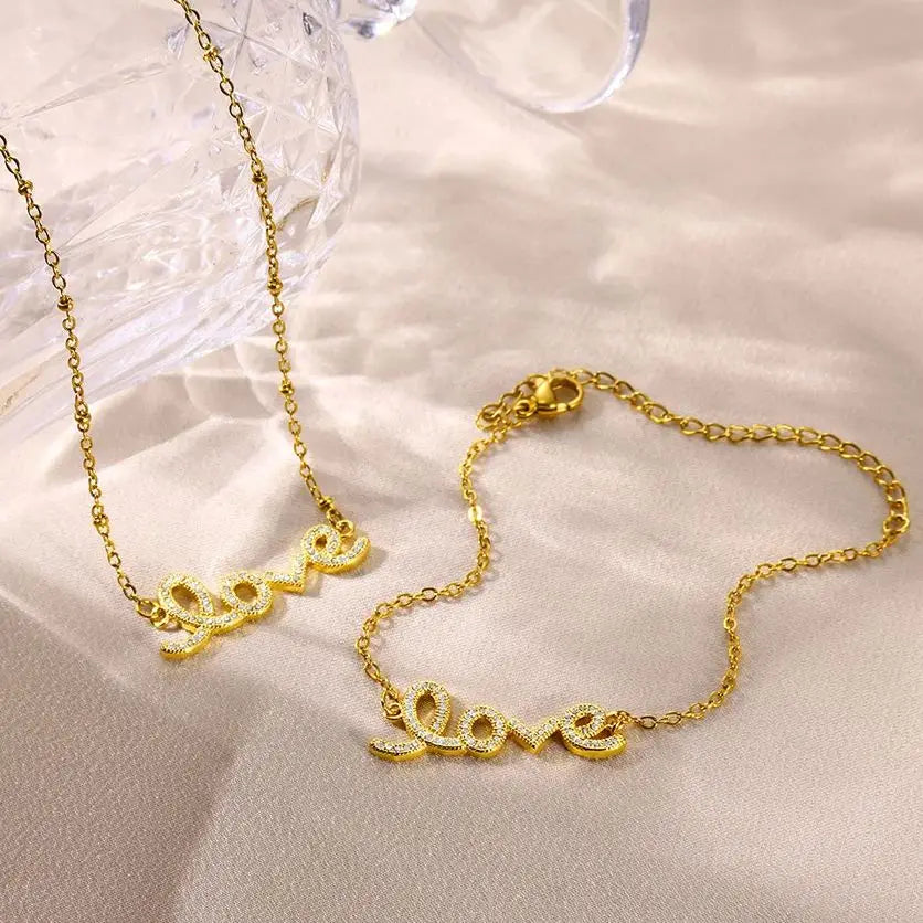 LOVE Stainless Steel Bracelets and Necklace Set for Women Gold Color Aesthetic Pendant Bangle Wedding Choker Bracelet Jewelry