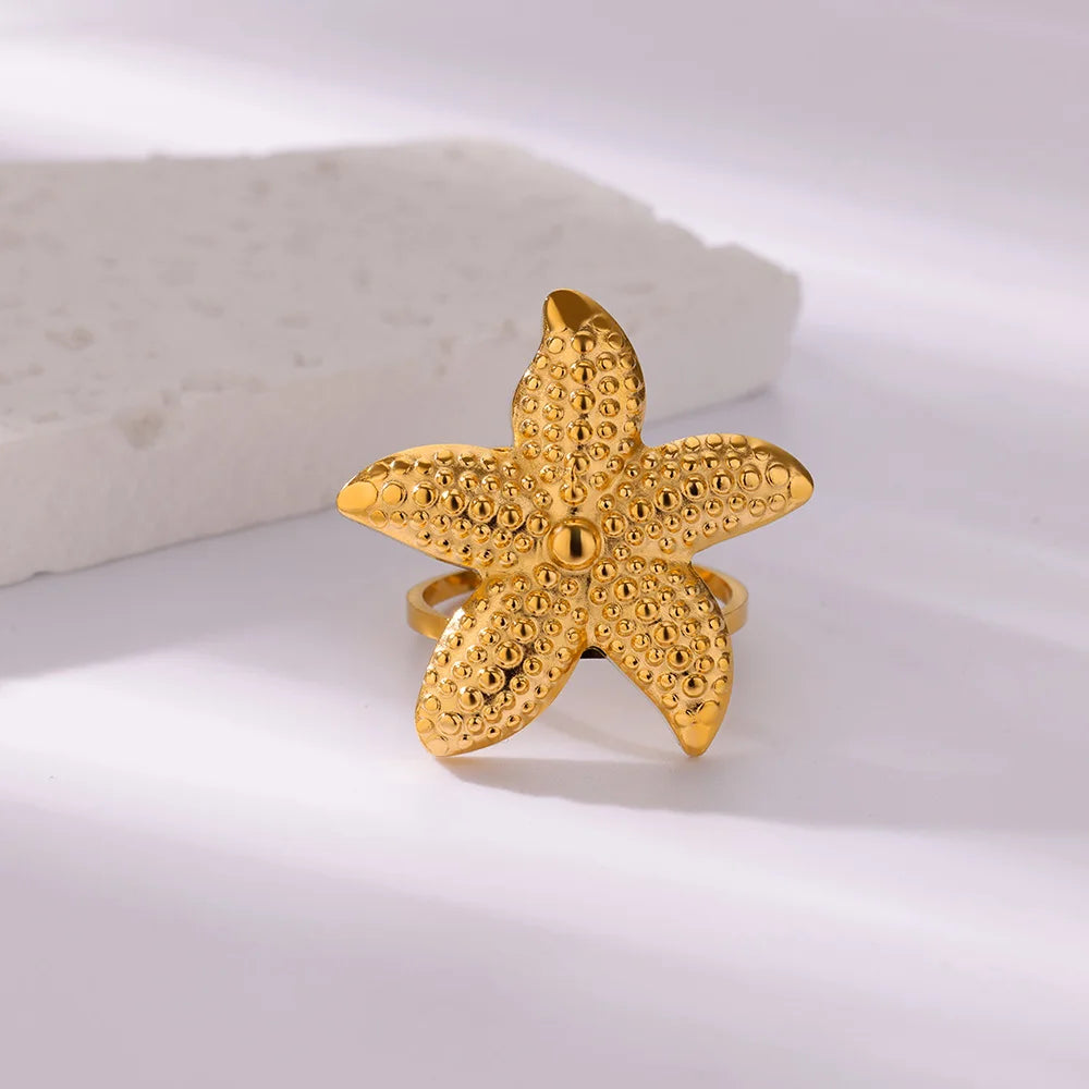 Cute Starfish Stainless Steel Rings for Women Gold Color Elegant Wedding Party Aesthetic Zircon Ring Beach Jewelry Accessories