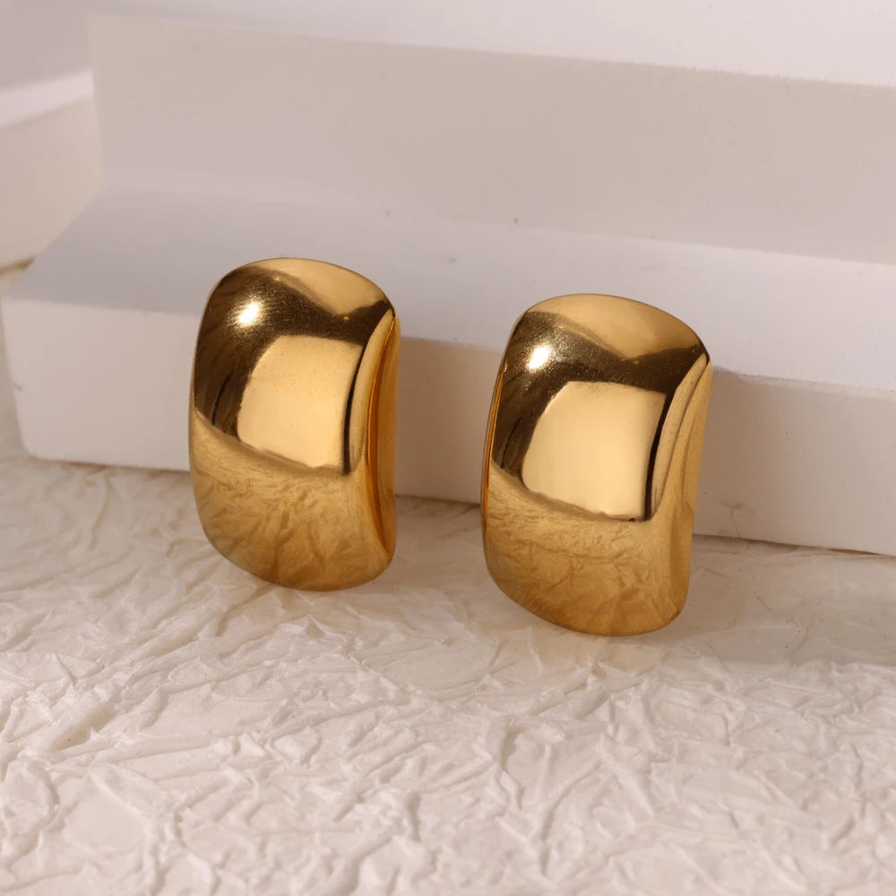 Glossy Chunky Dome C-Shape Stainless Steel Earrings For Women Gold Color Trendy Wedding Aesthetic Earring Jewelry Accessories