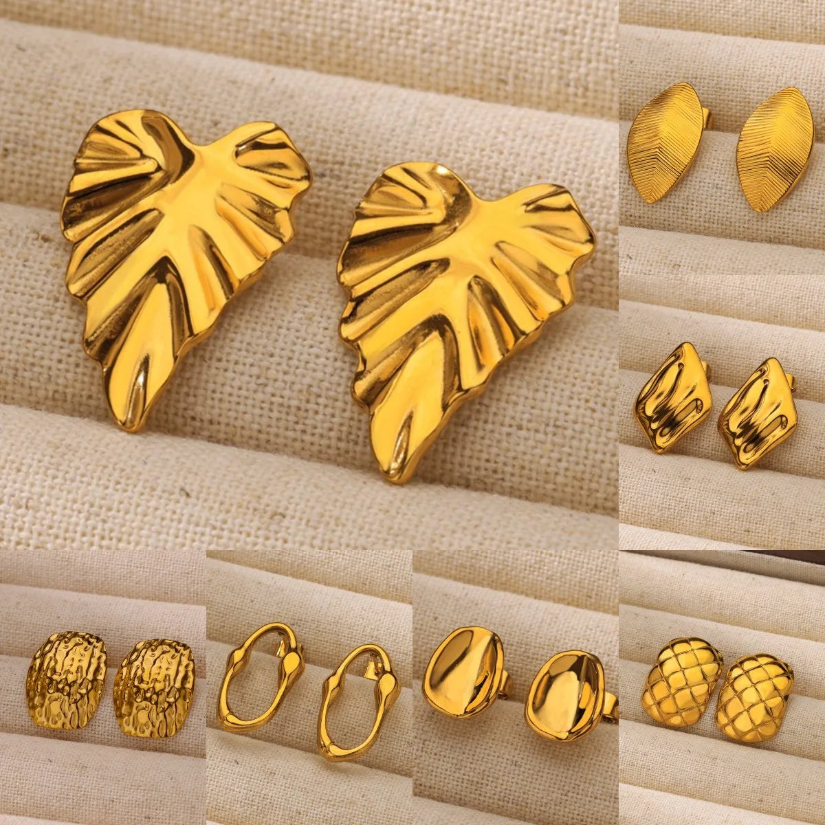 Gold Color Texture Leaf Stainless Steel Stud Earrings for Women Aesthetic Wedding Earring Wholesale Trendy Women Jewelry Gift