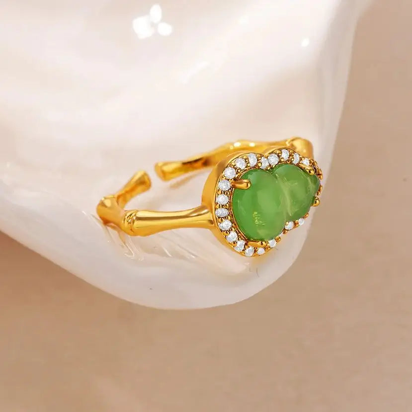 Vintage Green Resin Gourd Stainless Steel Open Rings for Women Gold Color Bamboo Design Wedding Aesthetic Ring Finger Jewelry