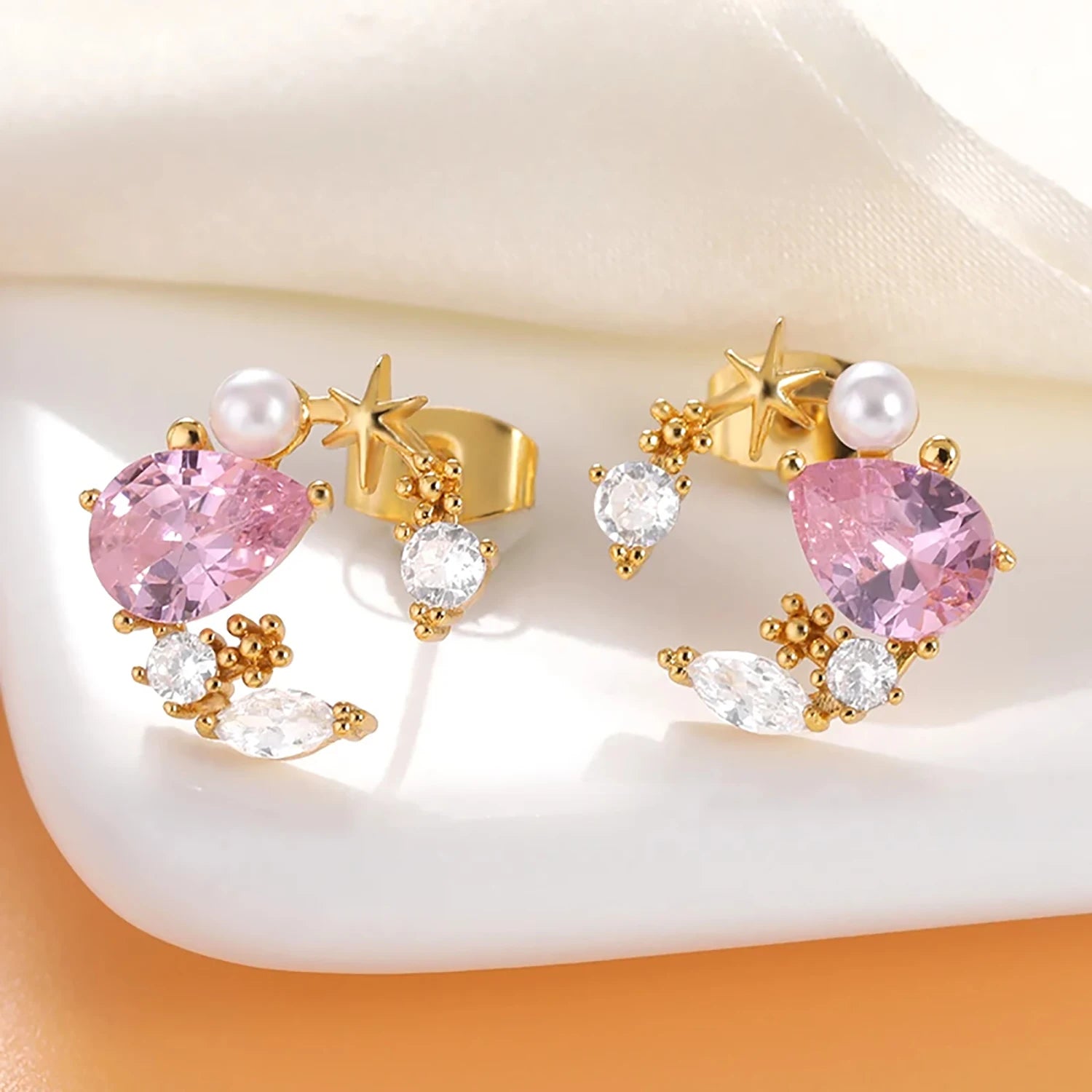 Round Pearl Crystal Flower Stud Stainless Steel Earrings for Women Circle Rhinestone Earring Jewelry Party Gift 2023 New Year