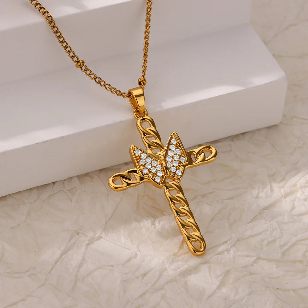 Shiny Zirconia Cross Hexagon Necklace for Women Gold Color Stainless Steel Chain Pendant Necklace Fashion Jewelry Gift collar