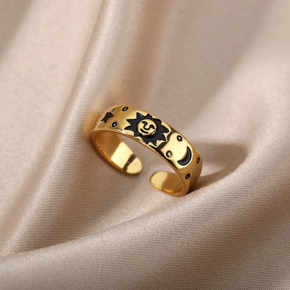 Gothic Smile Face Open Rings For Women Stainless Steel Color Sun Star Moon Adjustable Finger Ring Hip Hop Party Jewelry