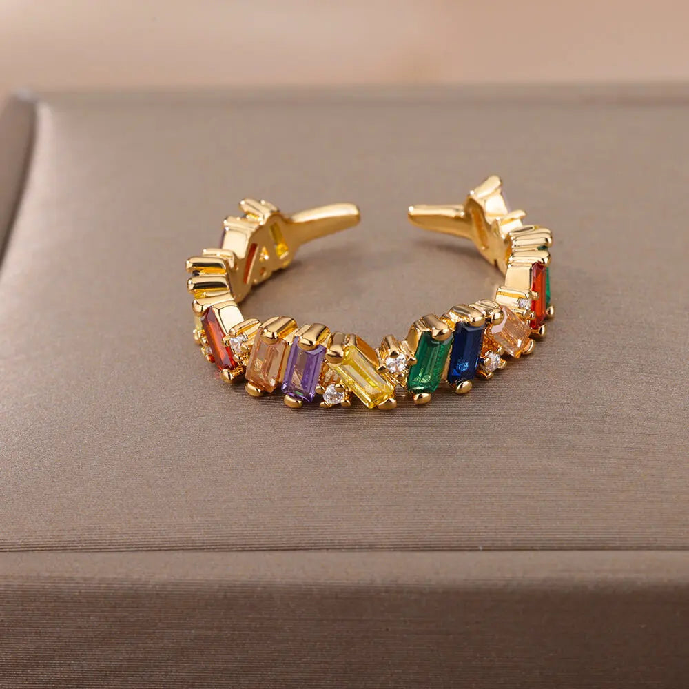 Zircon Crystal Stone Rainbow Rings For Women Stainless Steel Gold Plated Wedding Couple Ring Christmas Jewelry Gift Bijoux Femme
