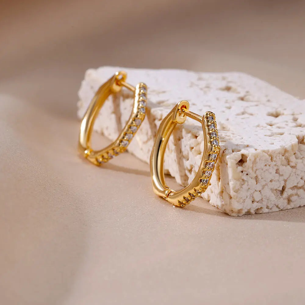 Zircon Polygon Earrings For Women Stainless Steel Hoop Earrings New Design Luxury Wedding 2023 Trending Jewelry Accessories