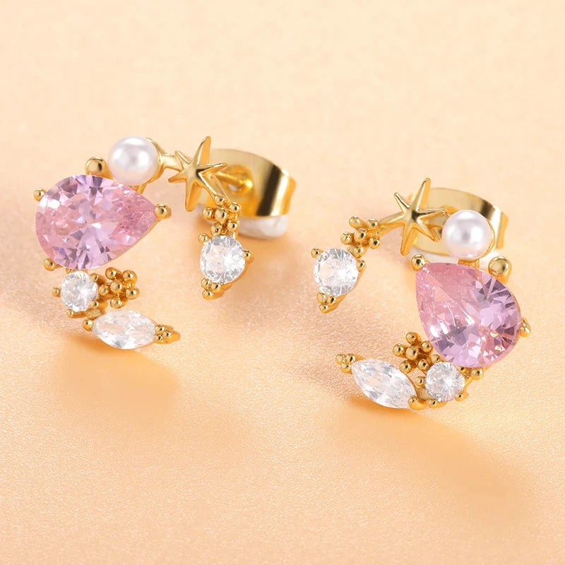 Round Pearl Crystal Flower Stud Stainless Steel Earrings for Women Circle Rhinestone Earring Jewelry Party Gift 2023 New Year