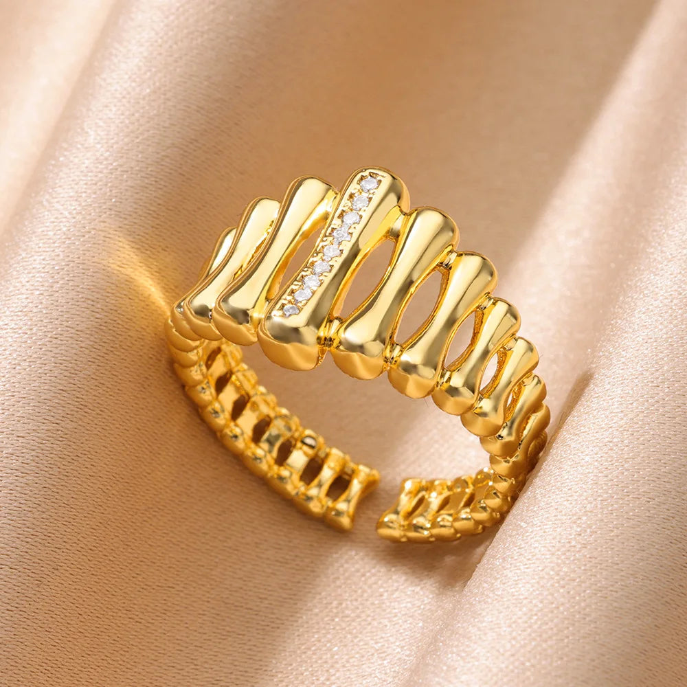 Vertical Striped Zircon Stainless Steel Open Rings For Women Gold Color Geometric Trendy Wedding Aesthetic Ring Jewelry anillos